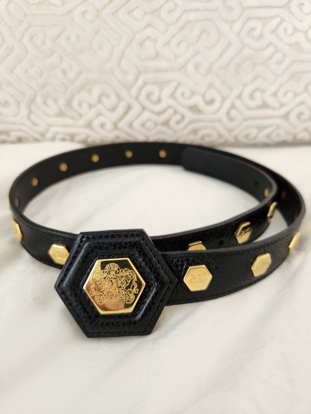 Vintage Revillon Paris Black Calf Leather Studded Belt Gold Crest Hexagon Buckle